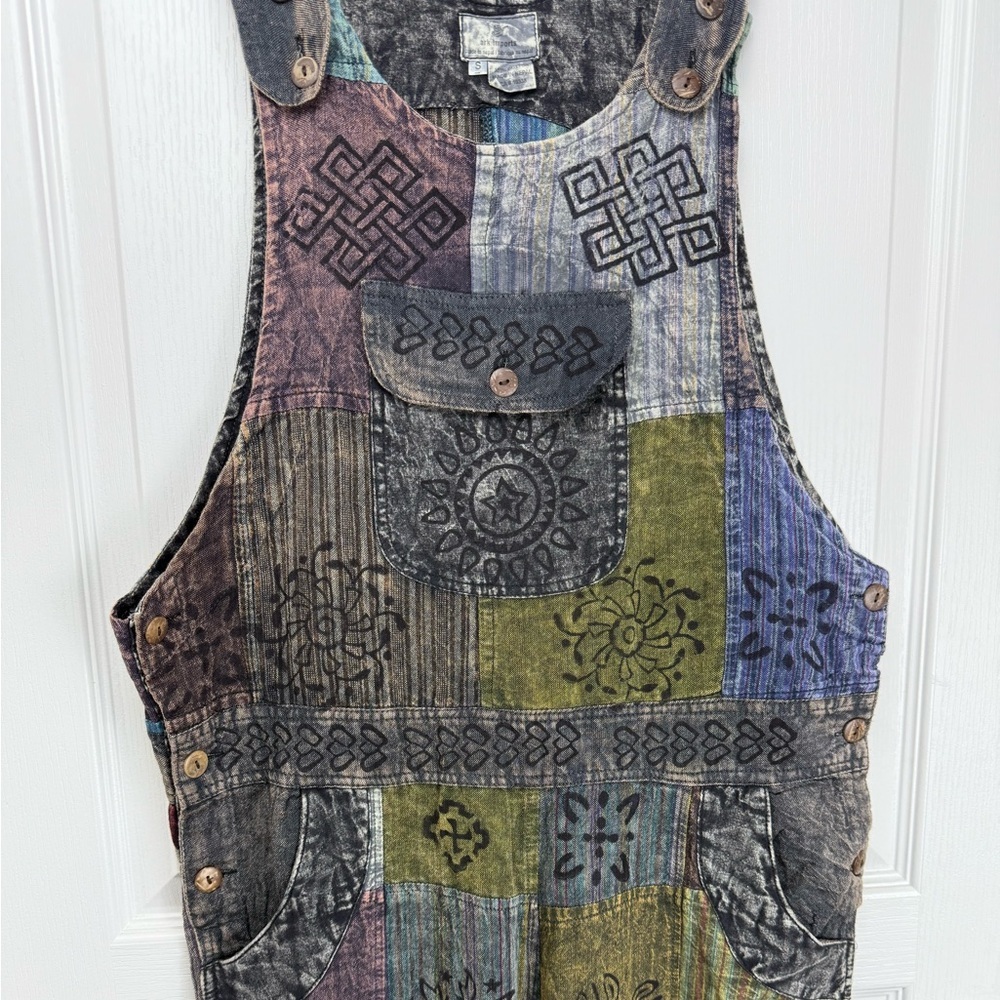 Ark Imports Enya Hand Printed Patchwork Cotton Overalls Women’s Size Small - Picture 5 of 10